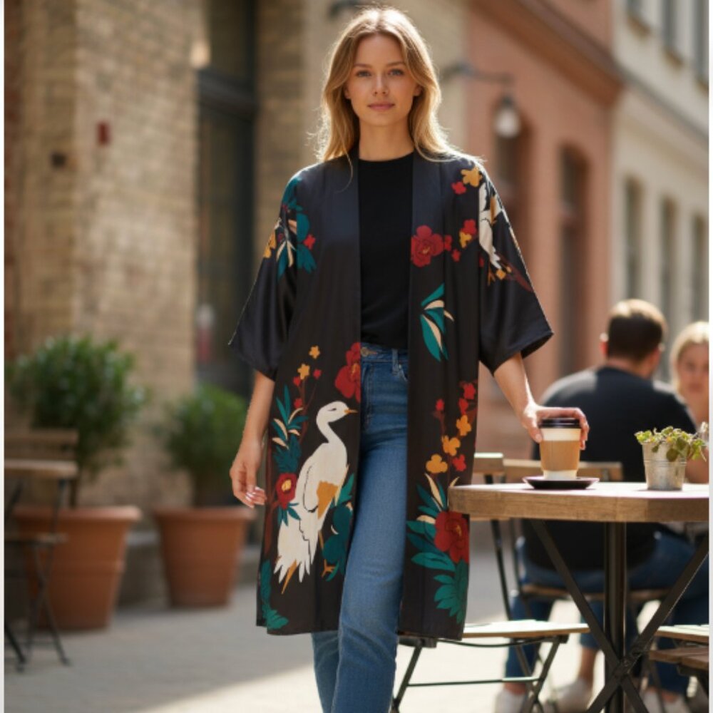 NWOT Chico's Nature Print Kimono Bird Floral Oversize
